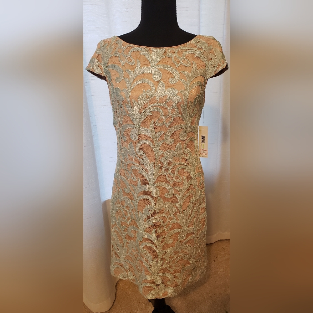 Eliza J Light Blue Lace Over Nude Sheath Dress